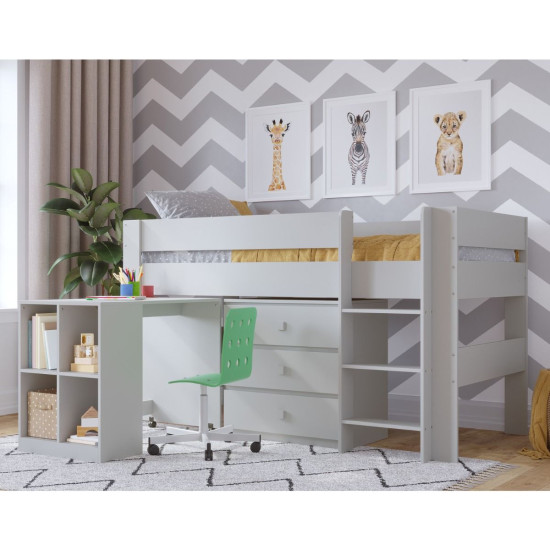Kudl, Childrens Mid Sleeper with Desk, Cupboard - Grey or White