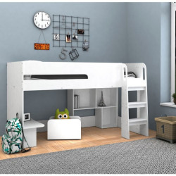 Kudl, Mid Sleeper with Desk, Bookcase, Toybox, White