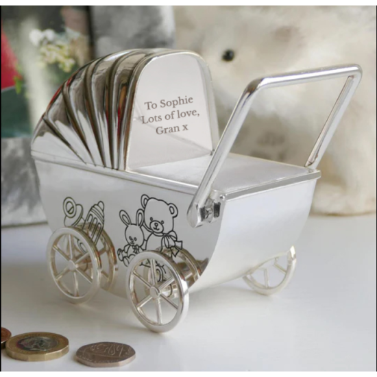 Personalised Silver Plated Pram Money Box
